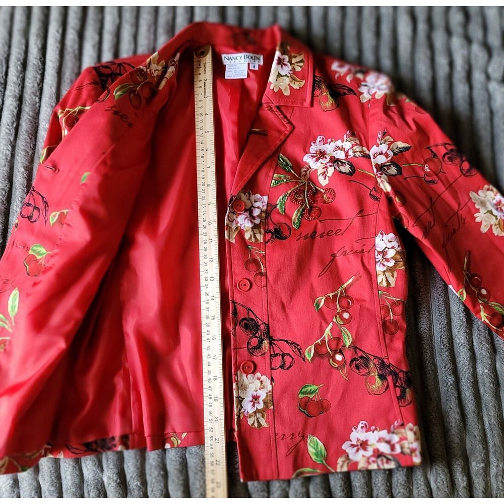 Nancy Bolen City Girl | Red Cherry Print Beaded‎ Blazer Jacket | Size 4 - Picture 4 of 6